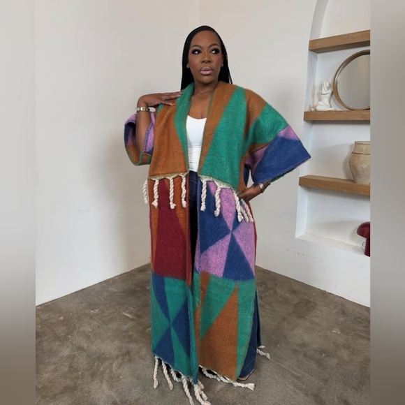 Colorful Geometric Patterned Sweater with Fringe - Picture 3 of 3